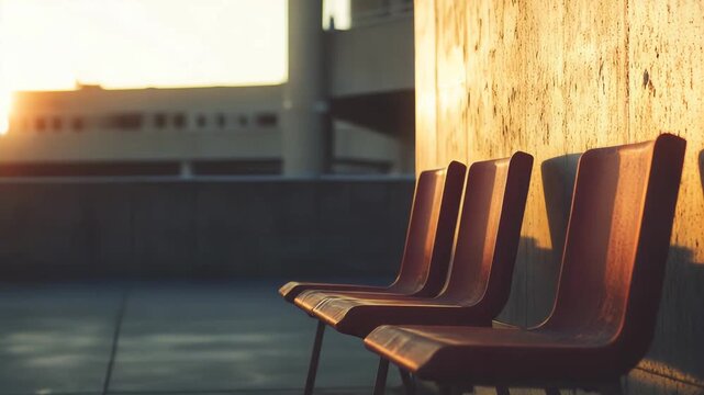 Empty chairs arranged outdoors along a textured concrete wall, bathed in warm golden hour sunlight, creating a sense of solitude, waiting, and contemplation