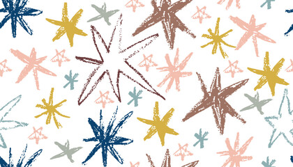 A seamless pattern of hand drawn star shapes with a crayon texture. The oil pastel abstract, colorful illustration works as a fun background for kids' designs and holiday cards.