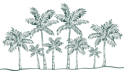 Doodle sketch style landscape with tropical palm tree grove. These simple, single color line drawings are perfect for summer themed designs, and beachy branding accents.