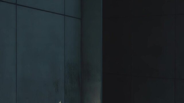 Sunlight illuminating a corner of a rough concrete wall, creating a sharp diagonal shadow and highlighting the texture of the building material, conveying concepts of transition and contrast