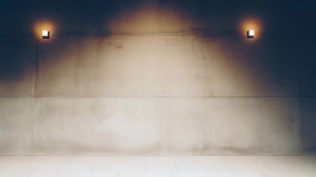 Architectural concrete wall with a warm spotlight casting strong shadow across tiled floor, creating a minimal, modern contrast of light, texture and geometric lines