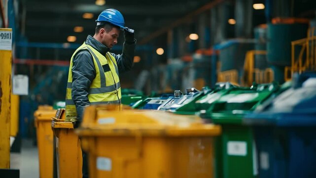 Medium shot of technician scanning barcode labels on waste bins to ensure accurate waste type tracking in an industrial recycling facility.