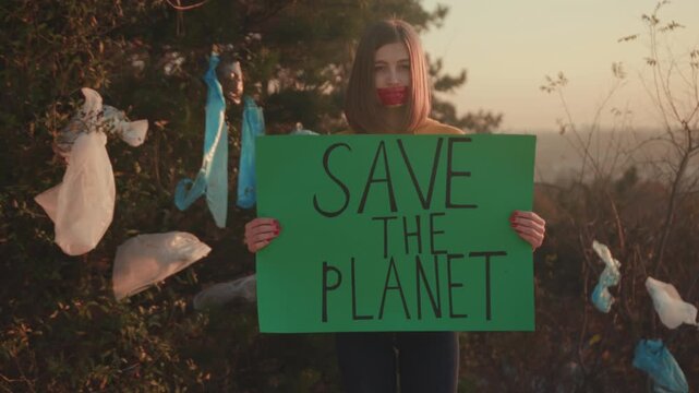 Activist protests environment, Environmentally conscious woman demonstrates for urgent conservation measures