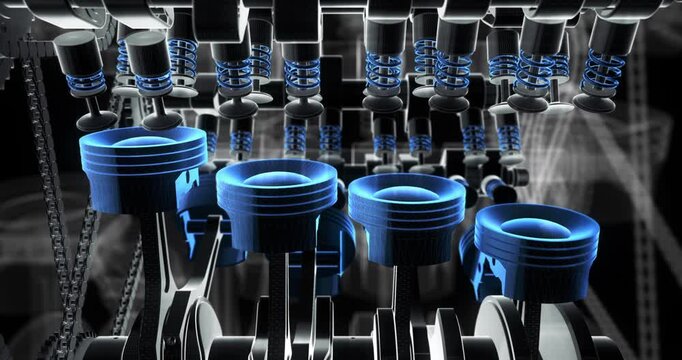 Powerful Mechanical V8 Engine Animation Inside Wireframe Car. Industry And Technology Related 3D Animation.