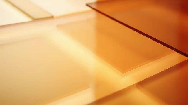 Overlapping transparent and translucent sheets of light amber, orange, and beige plastic materials creating an abstract geometric background with varying shades, light, and shadows