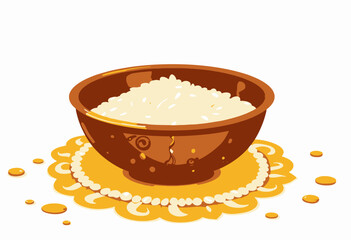 Illustration of a Brown Bowl Filled with White Rice Grains on a Decorative Yellow Floral Mat with Scattered Grains Around