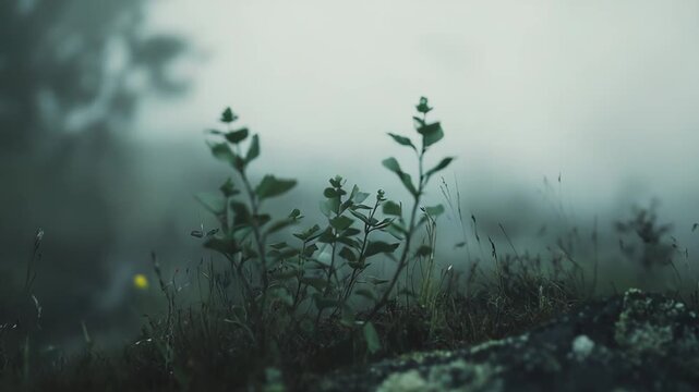 Young saplings with vibrant green leaves emerging from the ground, surrounded by tall grass and a lichen covered rock, enveloped in a thick, atmospheric morning mist
