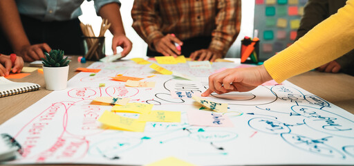 A diverse team gathers around a large paper, engaging in a vibrant brainstorming session using sticky notes and markers, promoting creativity and collaboration in a modern workspace. SACTR © InfiniteFlow