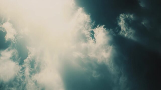 Heavenly light shining through stormy overcast sky, creating a dramatic, hopeful, and spiritual scene, useful for concepts of hope, change, and divine intervention