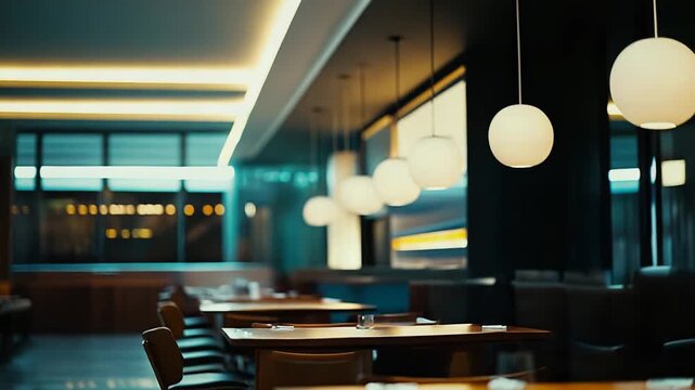 Restaurant interior featuring rows of empty wooden tables and chairs, creating an inviting yet quiet atmosphere for dining or business meetings in a contemporary setting
