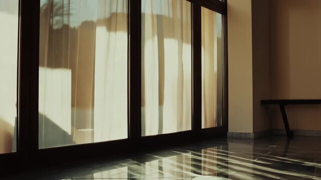 Sunlight filters through curtains, casting sharp shadows and reflections across a polished marble floor in a minimalist room with a floating shelf and serene empty space