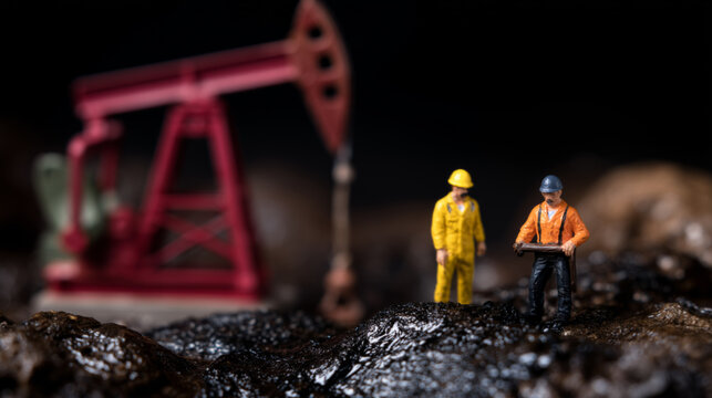 Miniature Technicians Inspect OilCovered Soil Near Model Pumpjack, Moody LowKey Lighting, Textured Black Mud And Symbolic Hazard Focus, Contrast Between Tiny Figures