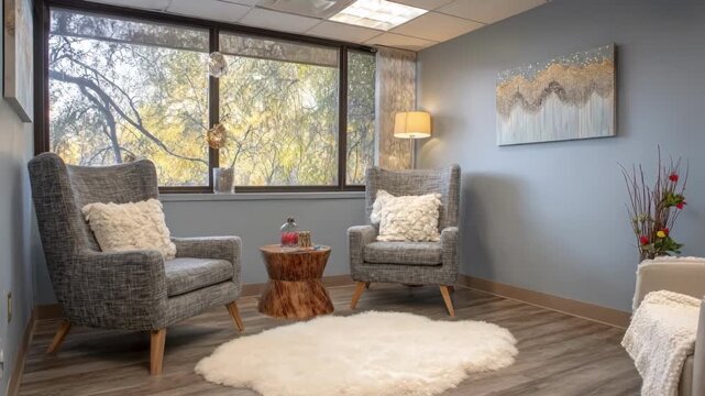 Medium shot of a calming individual counseling room featuring cozy armchairs and a soft rug with blurred gentle artwork on the walls during daylight.