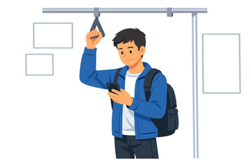 Young man holds a handle while using a smartphone in a public transport setting with empty spaces around him and a backpack on his back during the day