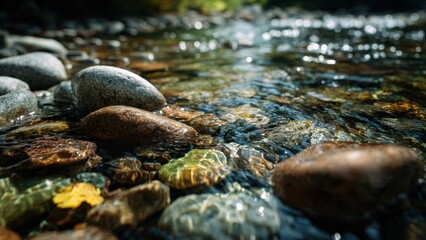 Fototapeta premium Clear stream water flowing over rocks