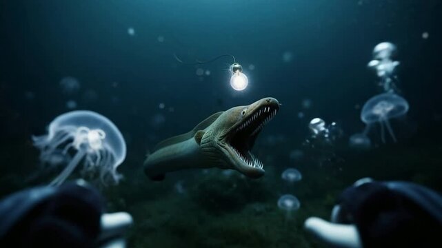 Anglerfish with open mouth surrounded by jellyfish underwater scene with lightbulb-like lure on head