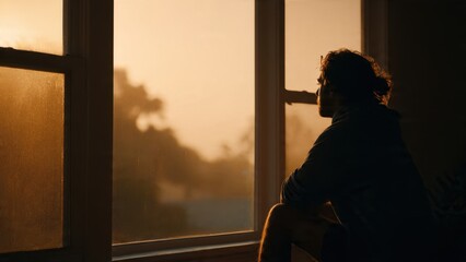 Contemplative man looks out window at sunset