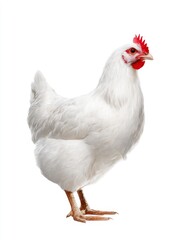 Fototapeta premium A beautiful white chicken stands proudly. This image showcases the elegance of poultry. Perfect for farm themes or food-related design projects. Capture the essence of rural life. AI