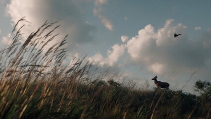Obraz premium Deer in tall grass with bird in the sky.
