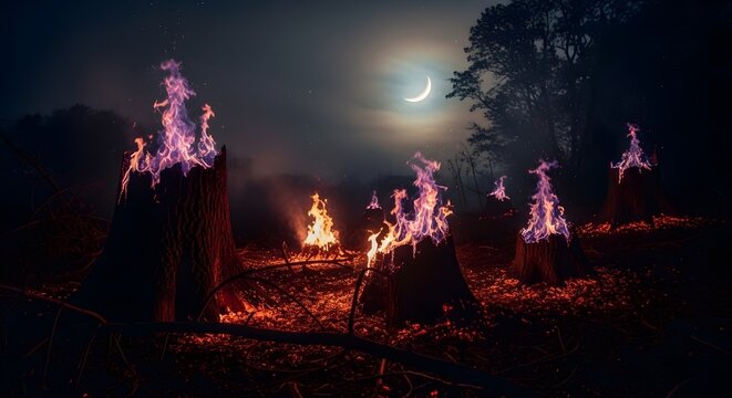 Mystical forest stumps ablaze with vibrant purple and orange flames under a dark night sky with a crescent moon