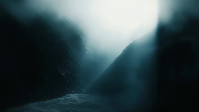 Powerful river flowing through a dark, enclosed canyon, shrouded in thick mist and illuminated by a bright, mysterious light from above, creating a dramatic and foreboding natural scene