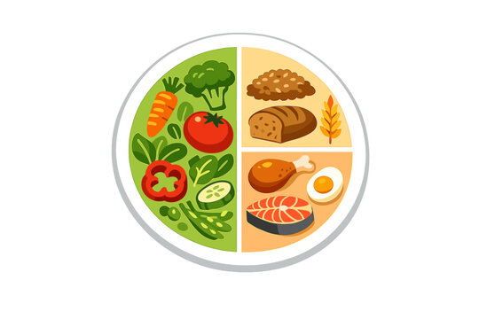 Different types of food are organized on a plate showing a balanced meal with vegetables, grains, protein, and fats prepared for healthy eating