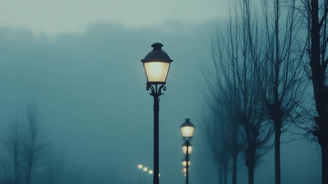 Vintage streetlights casting a warm glow through a dense fog, creating a mysterious and atmospheric scene along a path lined with bare trees during a winter evening