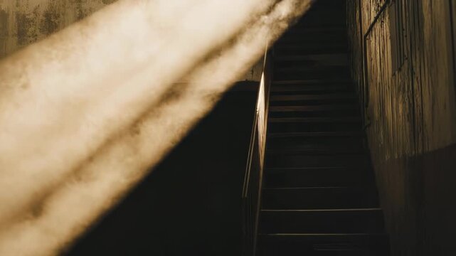 Dramatic ray of light penetrating through a dusty, dark room, highlighting an ascending staircase and symbolizing concepts of hope, future, upward path, and overcoming challenges