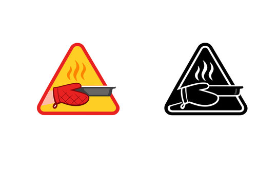 Warning sign showing hot oven mitt and tray with flames in red and black colors on white background, useful for kitchens and cooking areas to indicate heat
