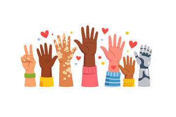 Fototapeta premium Hands raised in celebration with diverse colors and textures showing unity and inclusion at a community event