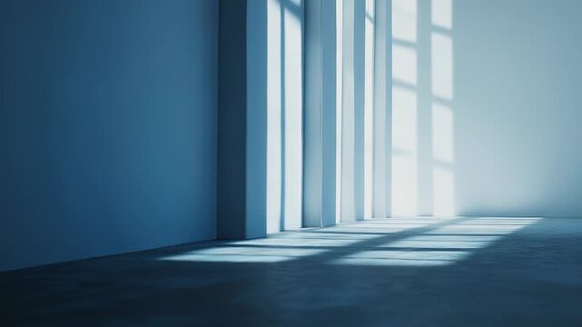 Modern interior flooded with sunlight, casting strong geometric shadows and abstract patterns across cool blue walls and empty floor, minimalist, serene architectural space