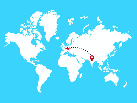 Travel flight path illustration on world map from india to germany