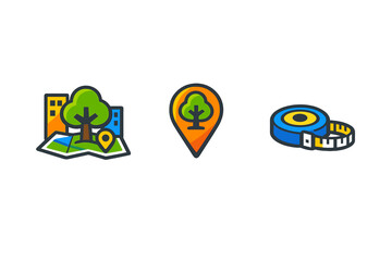 Design elements representing a park map, location marker, and measuring tape to illustrate city planning and landscape design activities