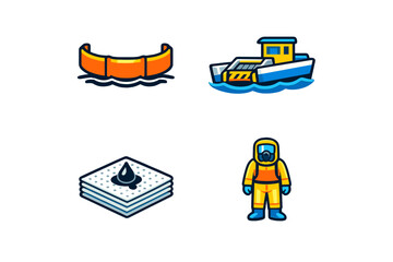 Naklejka premium Workers clean oil spill using special tools and equipment near the beach on a sunny day in the coastal town