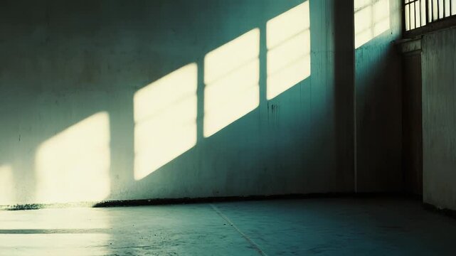 Sunlight beams through a gridded window, projecting sharp rectangular shadows across the textured wall and concrete floor of a vast, empty room, symbolizing solitude, hope, and new beginnings