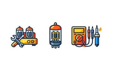 Tools for electronics work including a device, vacuum tube, and multimeter on a clean background in a workshop setup
