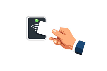 Hand holding a white card near a black and green card reader in a simple entry access scenario during the day