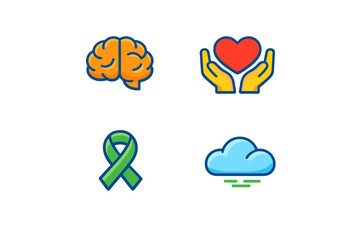 Obraz premium Symbols of mental health awareness with brain, heart, hands, ribbon, and cloud representing support and care for mental wellbeing in modern society