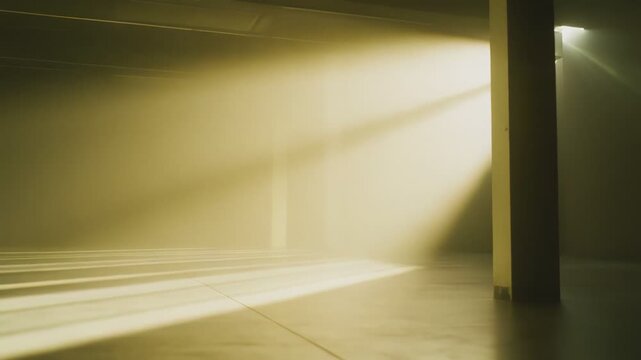 Sunlight beams piercing through the dusty atmosphere of a vast, desolate underground space, creating contrasting patterns of light and shadow on the concrete floor and pillars