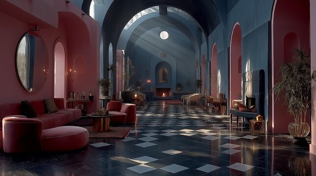 Galerie vo&ucirc;t&eacute;e rose et rouge avec sol damier et mobilier lounge moderne