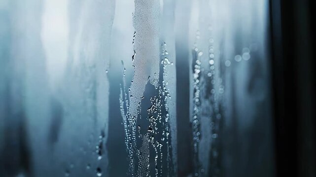 Water droplets condense and run down cold steamy glass, forming delicate wet textures and flowing patterns against a soft, blurred aqua blue background, fresh and transparent