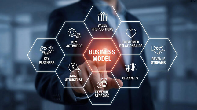 Professional Businessman Touching Futuristic Digital Screen Displaying Business Model Canvas for Strategic Planning and Innovation