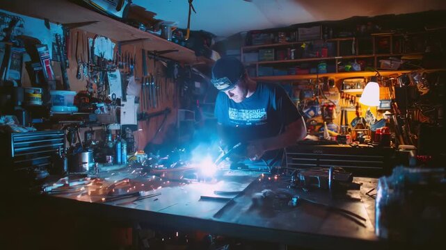 Home garage setting with a DIY enthusiast welding exhaust pipe sections illuminated by bright welding sparks and a cluttered workspace.