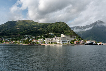 Idyllic Balestrand town and the Kviknes hotel in the idyllic wild landscape of Sognefjord