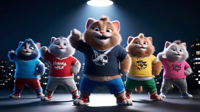 Five Cartoon cats in hiphop outfits dance under a city spotlight at night. Suitable for children's story, music events, and education. Illustration, animals, music, fun, colorful