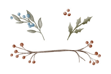 Naklejka premium Watercolor winter botanical elements set. Branch with berries and holly leaves. Perfect for Christmas cards, holiday decor, seasonal greeting, rustic design and cozy winter theme.