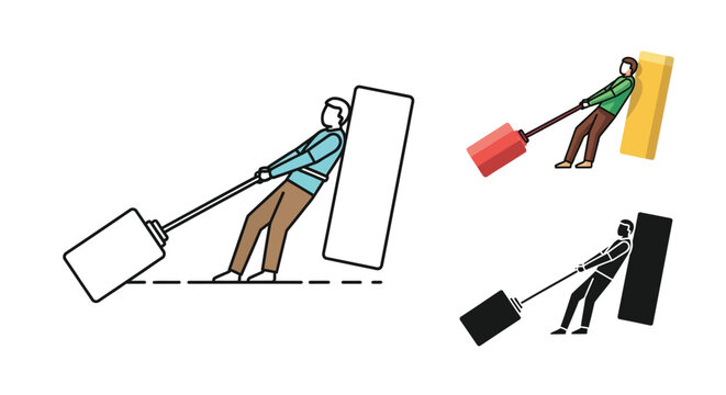 A struggling person pulling a heavy object against a barrier.