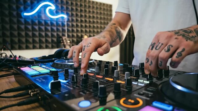 Hands of a tattooed DJ mixing music on a professional controller in a studio with blue neon light and acoustic foam