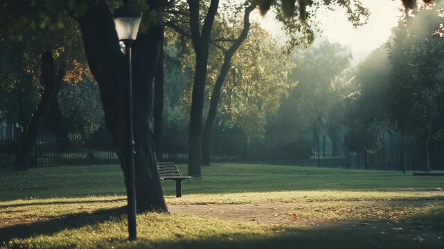 Early morning sunlight filtering through autumn trees. Casting long shadows on the grass and pathway next to an empty park bench and old street lamp. Evoking a sense of calm and tranquility in nature