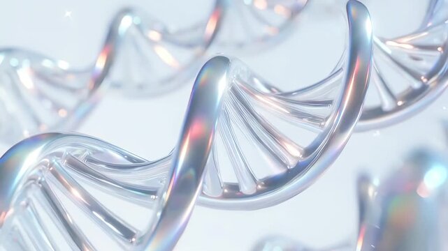 A shiny glass DNA molecule structure with iridescent rainbow reflections. A concept of abstract beauty genetics art and holographic science background, 4K  video.